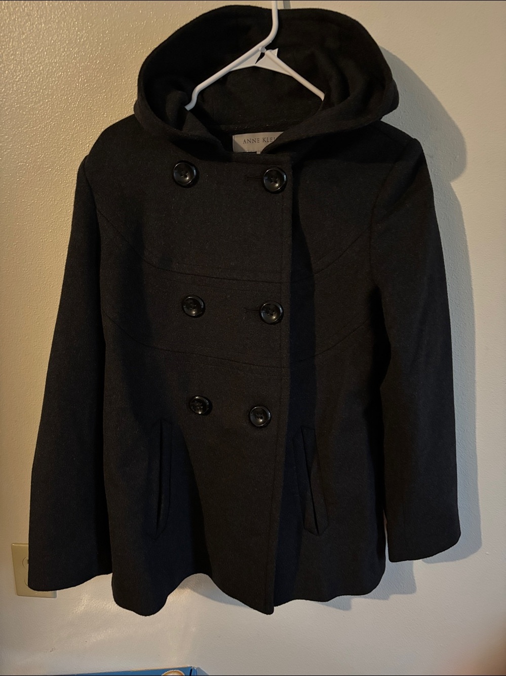 Classic Wintern Women Anne Klein M Wool Blend Double Breasted Hooded Pea Coat
